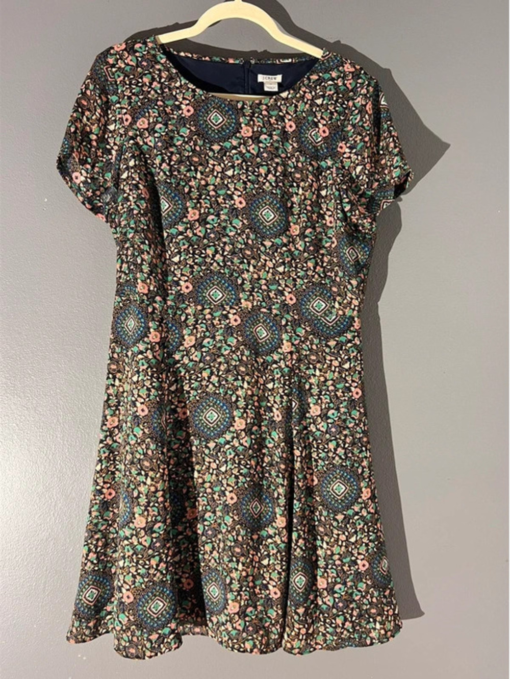 J.Crew Floral Medallion Short Sleeve Fit & Flare Dress - Navy Blue/Pink - Size